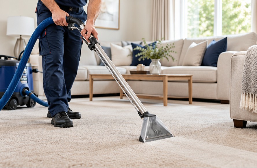 Professional in a navy uniform extracting dirt from a carpet, with no face visible