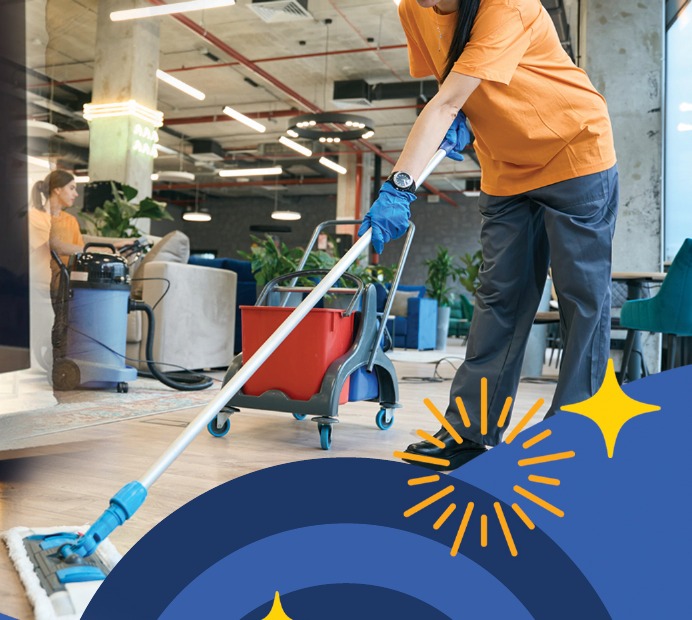 Professional cleaner mopping a commercial interior